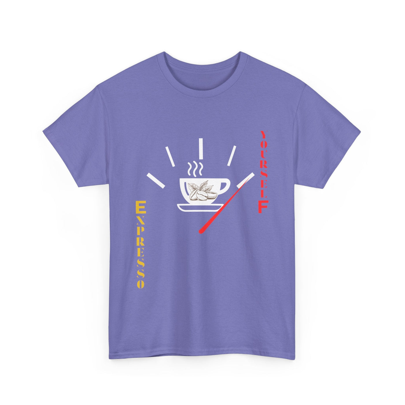 Expresso Yourself coffee T-shirt with espresso cup and fuel gauge design.