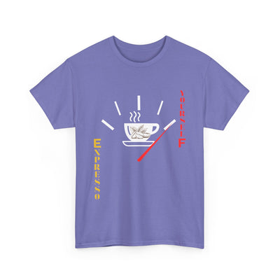Expresso Yourself coffee T-shirt with espresso cup and fuel gauge design.