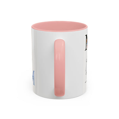 Mother's Day mug with pink handle and interior, floral design, customizable with names.