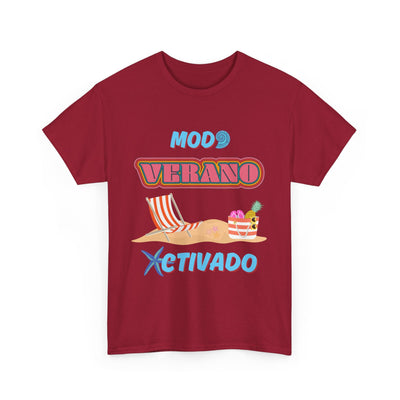 Modo Verano Activado T-shirt featuring retro fonts, beach chairs, tropical fruits, and starfish, perfect for beach vibes and summer relaxation.