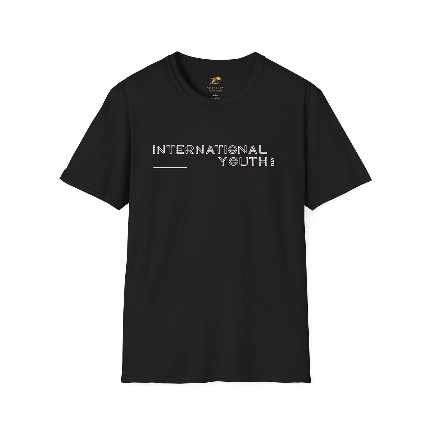 Black unisex softstyle t-shirt with "International Youth Day" text, 100% cotton, classic fit for youth celebration