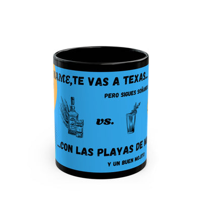 Personalized Fun Black Mug with Texas vs Miami Theme, Glossy Ceramic Finish