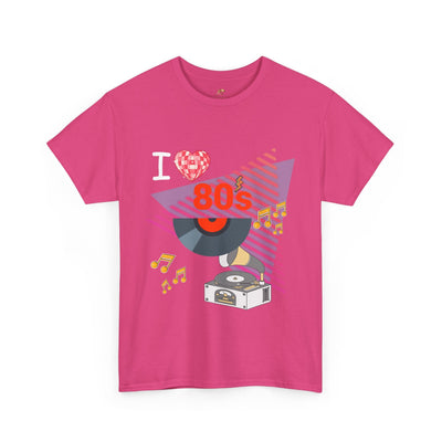 Pink 80's Music Lover T-shirt with retro vinyl record and musical notes graphic design
