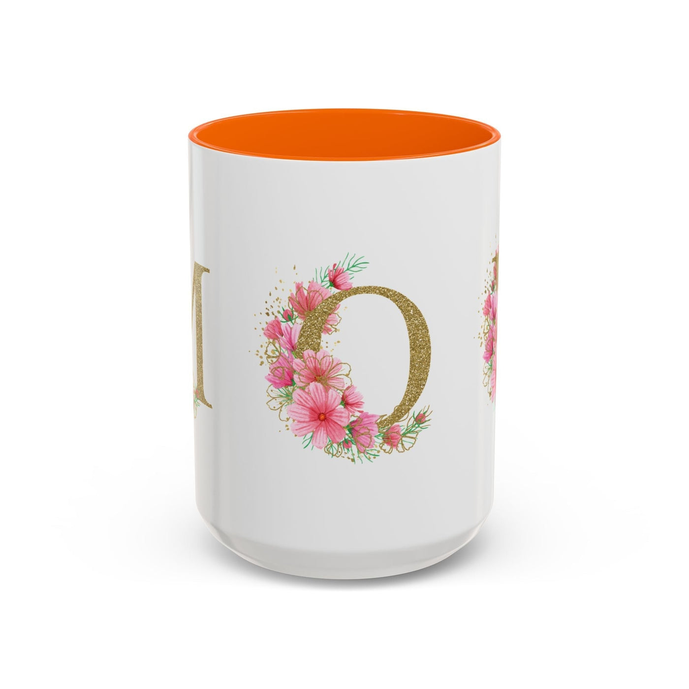 Mother's Day mug with floral accent design and orange interior, ceramic drinkware.