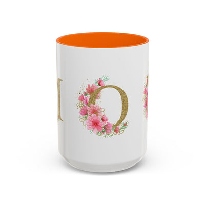 Mother's Day mug with floral accent design and orange interior, ceramic drinkware.