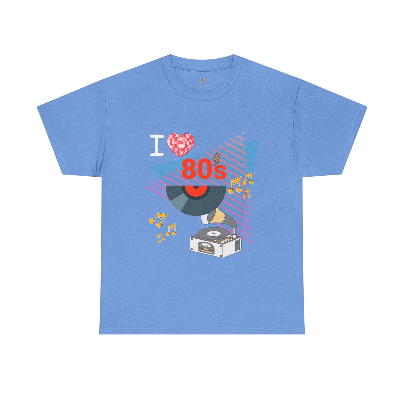 Light blue 80's music lover t-shirt with retro vinyl record and turntable graphic.