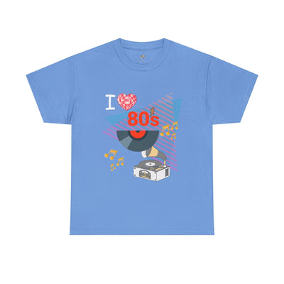 Light blue 80's music lover t-shirt with retro vinyl record and turntable graphic.