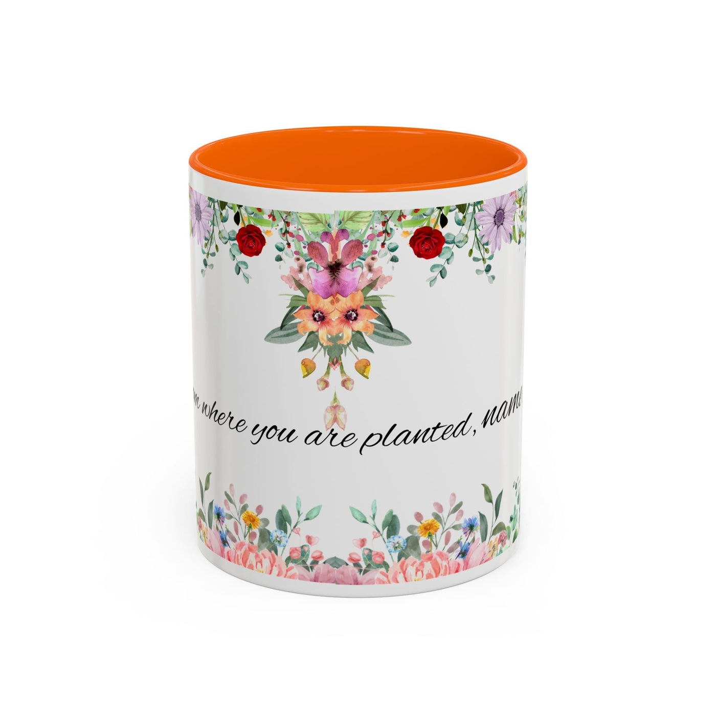 Inspirational ceramic cup with flower design and motivational quote, ideal gift.