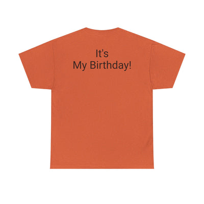 Funny "Birthday Calories Don't Count" t-shirt with "It's My Birthday!" text on back, perfect gift for celebrations.
