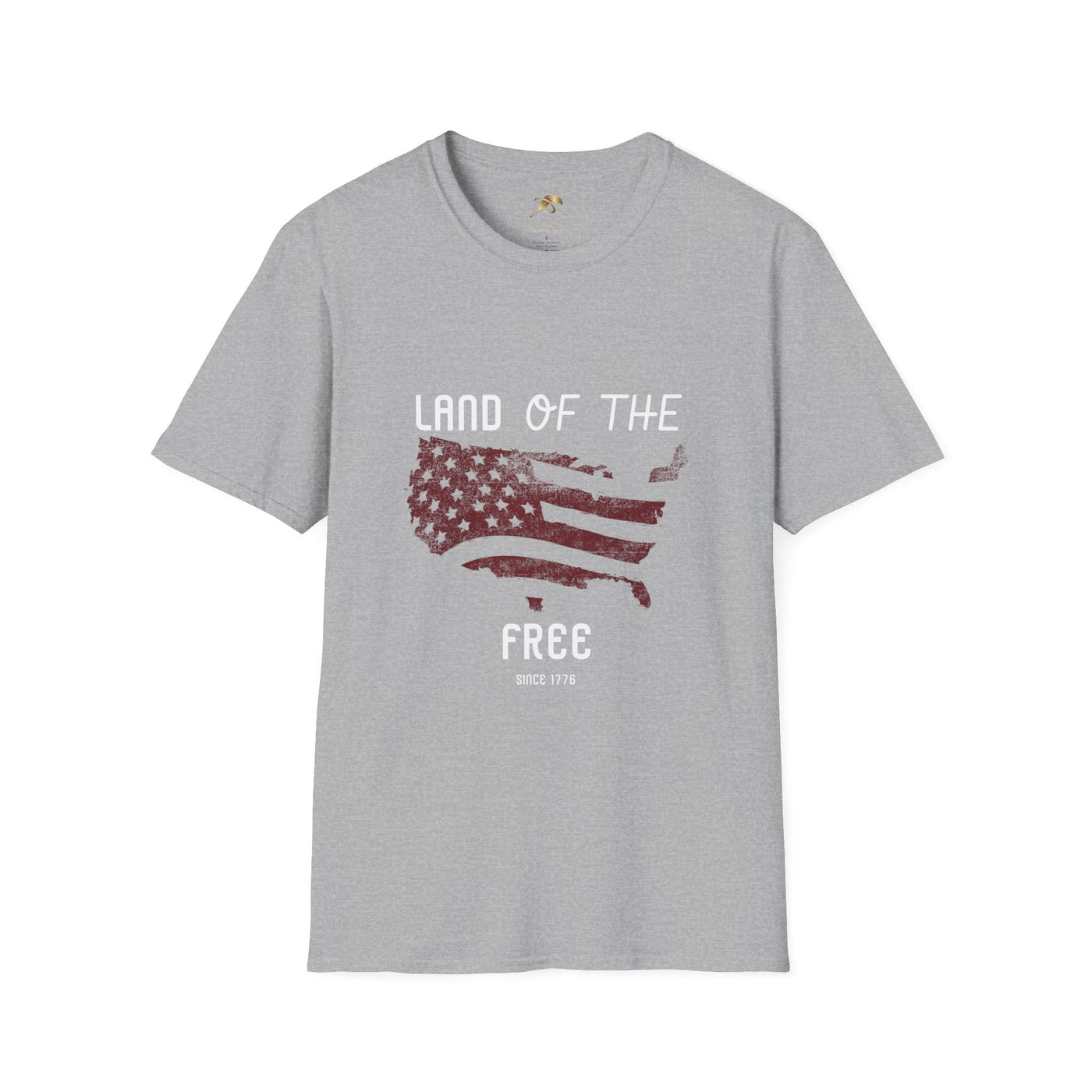 Unisex grey t-shirt with "Land of the Free" and U.S. flag graphic, ideal for July 4th celebrations.