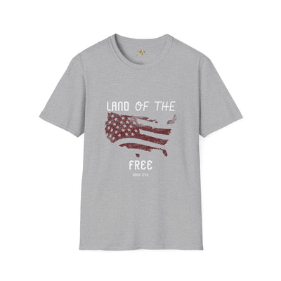Unisex grey t-shirt with "Land of the Free" and U.S. flag graphic, ideal for July 4th celebrations.