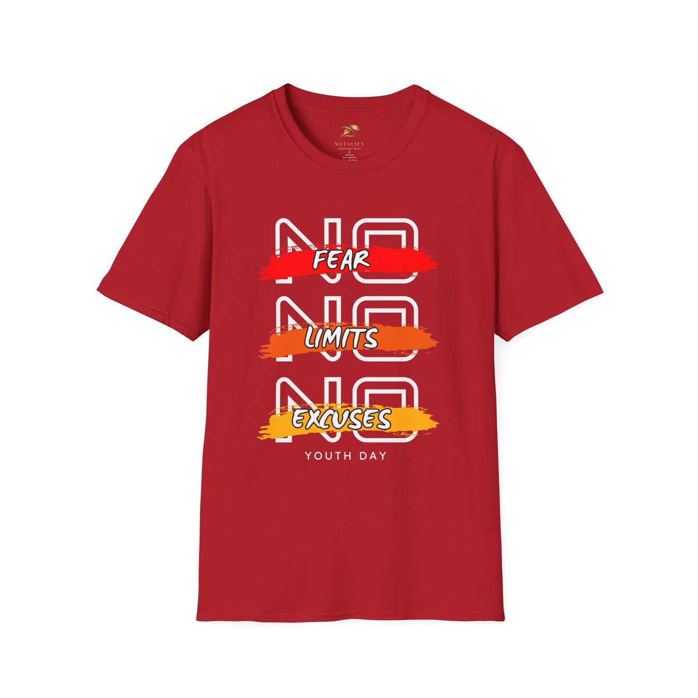 Red unisex youth day t-shirt with "No Fear No Limits No Excuses" motivational graphic design