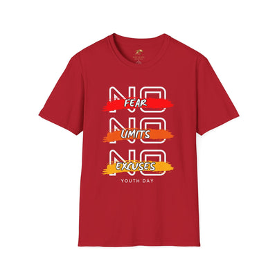 Red unisex youth day t-shirt with "No Fear No Limits No Excuses" motivational graphic design