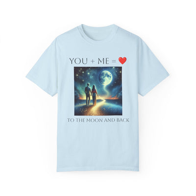Moon and Back Unisex T-shirt featuring "You + Me to the Moon and Back" romantic design.