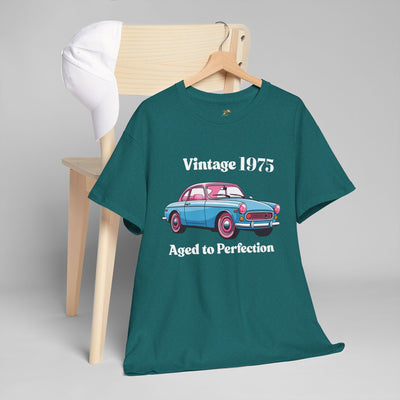 Vintage Aged to Perfection classic car t-shirt on chair, retro style tee for car lovers, funny birthday gift for enthusiasts.