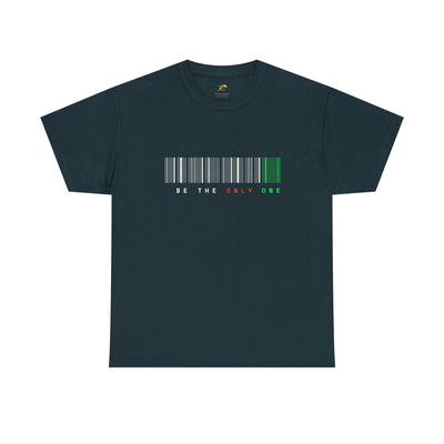 Unique "Be The Only One" barcode t-shirt in blue with a minimalist design