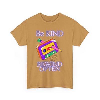 Retro "Be Kind, Rewind Often" unisex t-shirt with cassette design, perfect for 90s nostalgia and positive vibes.