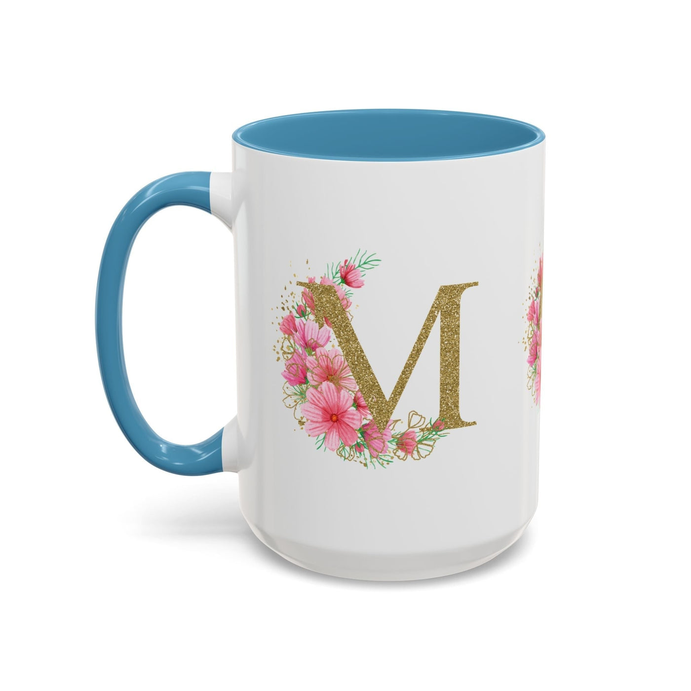 Mother's Day mug with floral design, personalized ceramic cup, blue accent handle, gift for mom.