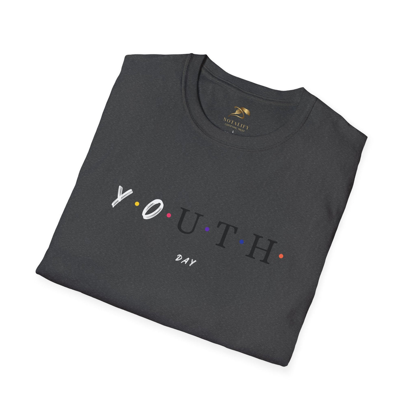 Folded black unisex t-shirt with colorful dotted "YOUTH DAY" graphic for Youth Day Celebration