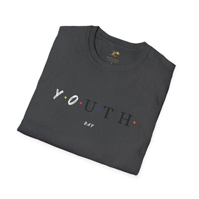 Folded black unisex t-shirt with colorful dotted "YOUTH DAY" graphic for Youth Day Celebration