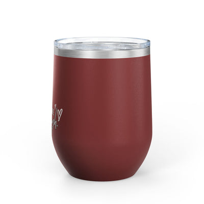 12oz stainless steel insulated wine tumbler with positive affirmation text, ideal for hot or cold beverages, featuring a leak-proof lid.