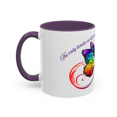 Inspirational butterfly coffee mug with embrace infinity design, colorful accents, and motivational quote.