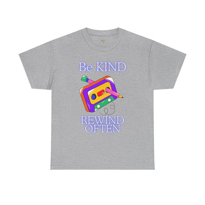 Unisex retro T-shirt with 'Be Kind, Rewind Often' design, featuring a 90s nostalgia theme.