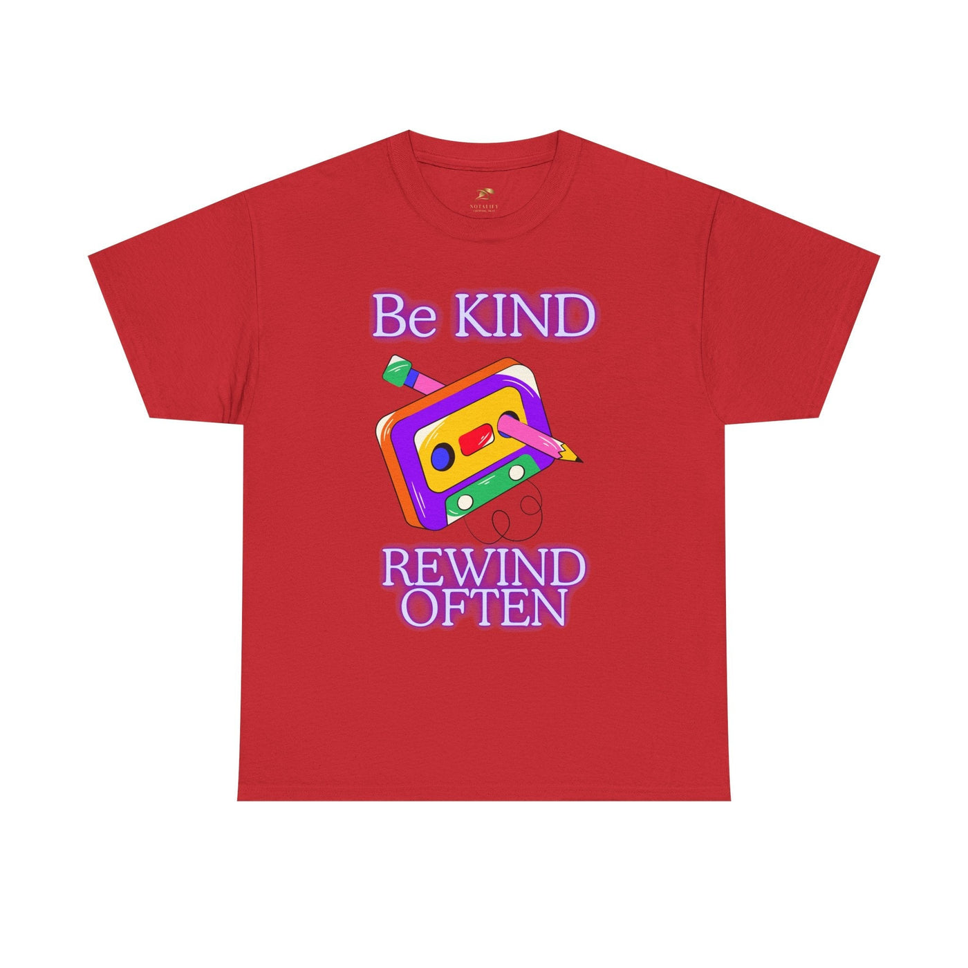Red t-shirt with "Be Kind, Rewind Often" text and retro cassette graphic.
