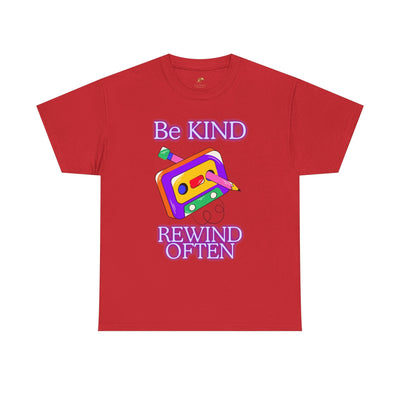 Red t-shirt with "Be Kind, Rewind Often" text and retro cassette graphic.