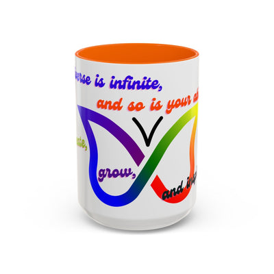 Infinity Butterfly Mug with vibrant design, inspiring creativity and growth; available in 11oz and 15oz sizes; perfect motivational gift.