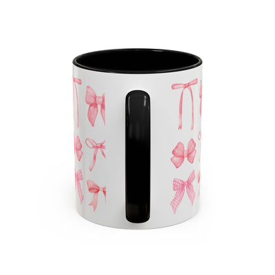 Personalized coquette bow coffee mug, perfect Mother's Day gift, microwave and dishwasher safe.