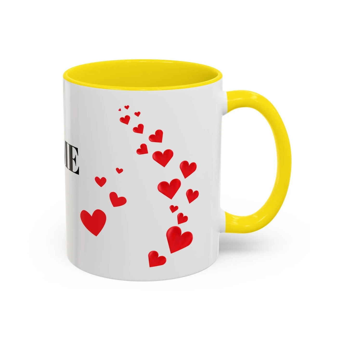 You are Enough mug with red hearts, white ceramic, yellow interior, 11oz size.