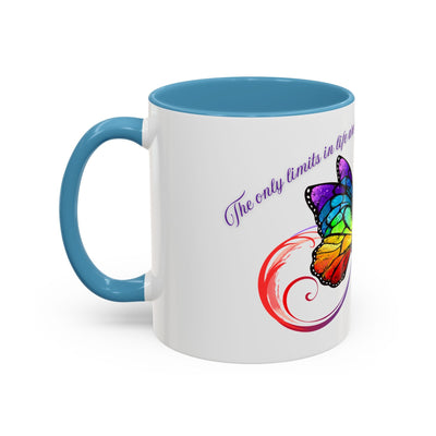 Inspirational Butterfly Coffee Mug with colorful butterfly design, perfect for motivational moments and self-care.