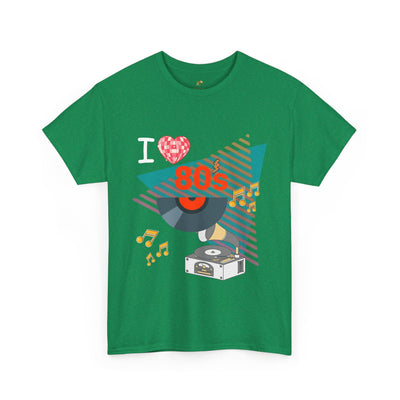 Green 80's Music Lover T-Shirt with retro vinyl record and jukebox graphic, unisex cotton tee