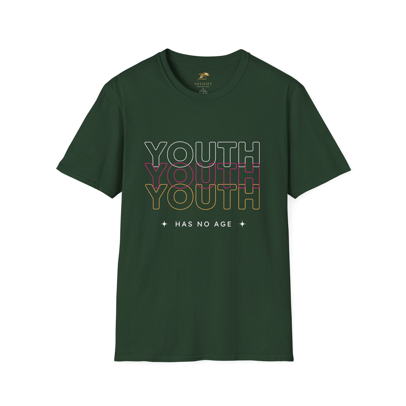 Youth Day Unisex Softstyle T-Shirt in dark green with multicolor "YOUTH" text and "HAS NO AGE" slogan, classic fit crew neck