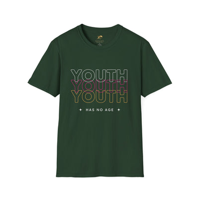 Youth Day Unisex Softstyle T-Shirt in dark green with multicolor "YOUTH" text and "HAS NO AGE" slogan, classic fit crew neck