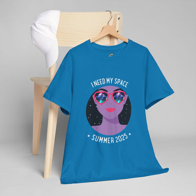 Blue astronaut space vibes tee with cosmic graphic, perfect for space lovers; says "I Need My Space Summer 2025," ideal for a relaxed and stylish look.
