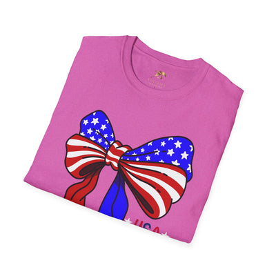 Coquette USA Patriotic T-Shirt with American flag bow design, unisex, perfect for Independence Day celebrations.