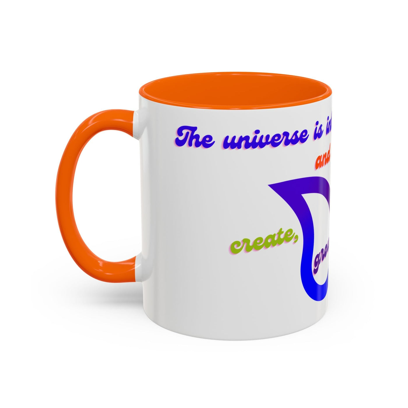 Infinity Butterfly Mug with colorful universe theme, orange handle and interior, dishwasher safe, motivational gift.