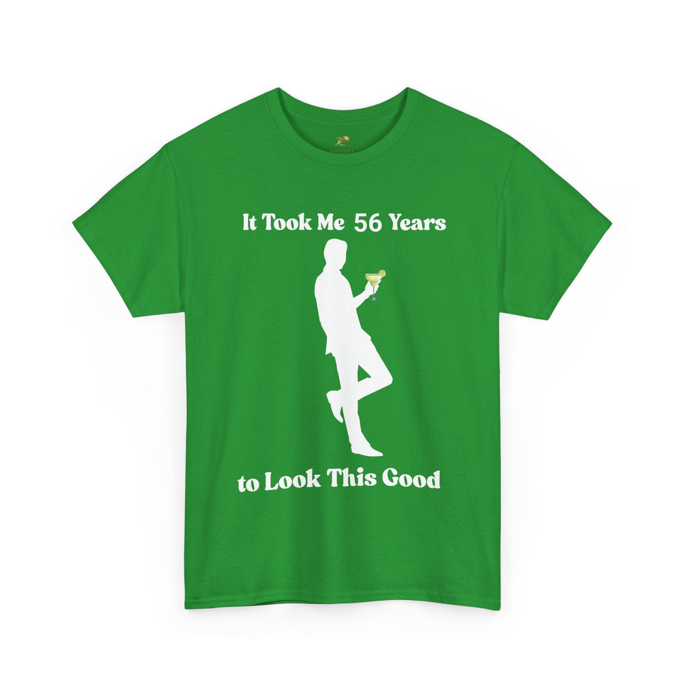 Funny "It Took Me Years to Look This Good" t-shirt in green, featuring a silhouette holding a margarita; perfect for birthdays and margarita lovers.