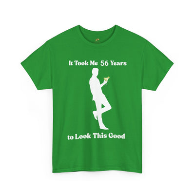 Funny "It Took Me Years to Look This Good" t-shirt in green, featuring a silhouette holding a margarita; perfect for birthdays and margarita lovers.