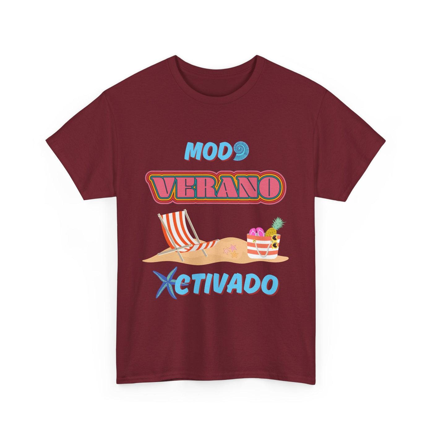 Unisex T-shirt featuring "Modo Verano Activado" slogan with beach chairs and tropical scene, ideal for summer vibes.