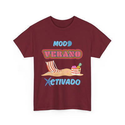 Unisex T-shirt featuring "Modo Verano Activado" slogan with beach chairs and tropical scene, ideal for summer vibes.