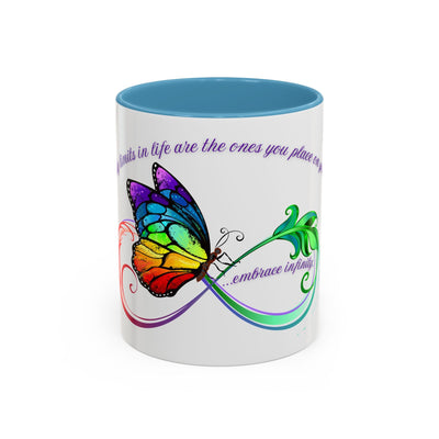 Inspirational Butterfly Coffee Mug with vibrant infinity design and positive message, perfect for gifting and self-care.