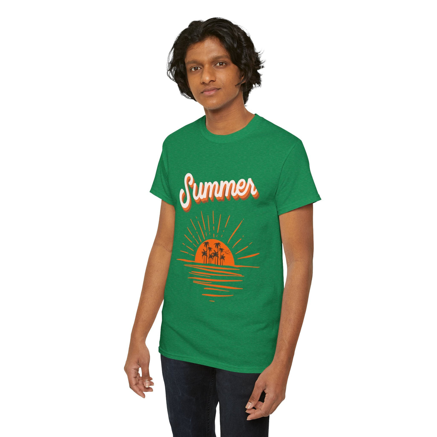 Summer 2025 Sunset T-Shirt featuring a vintage-style sunset graphic with a large sun, ocean reflection, and palm tree silhouettes. Unisex cotton blend.