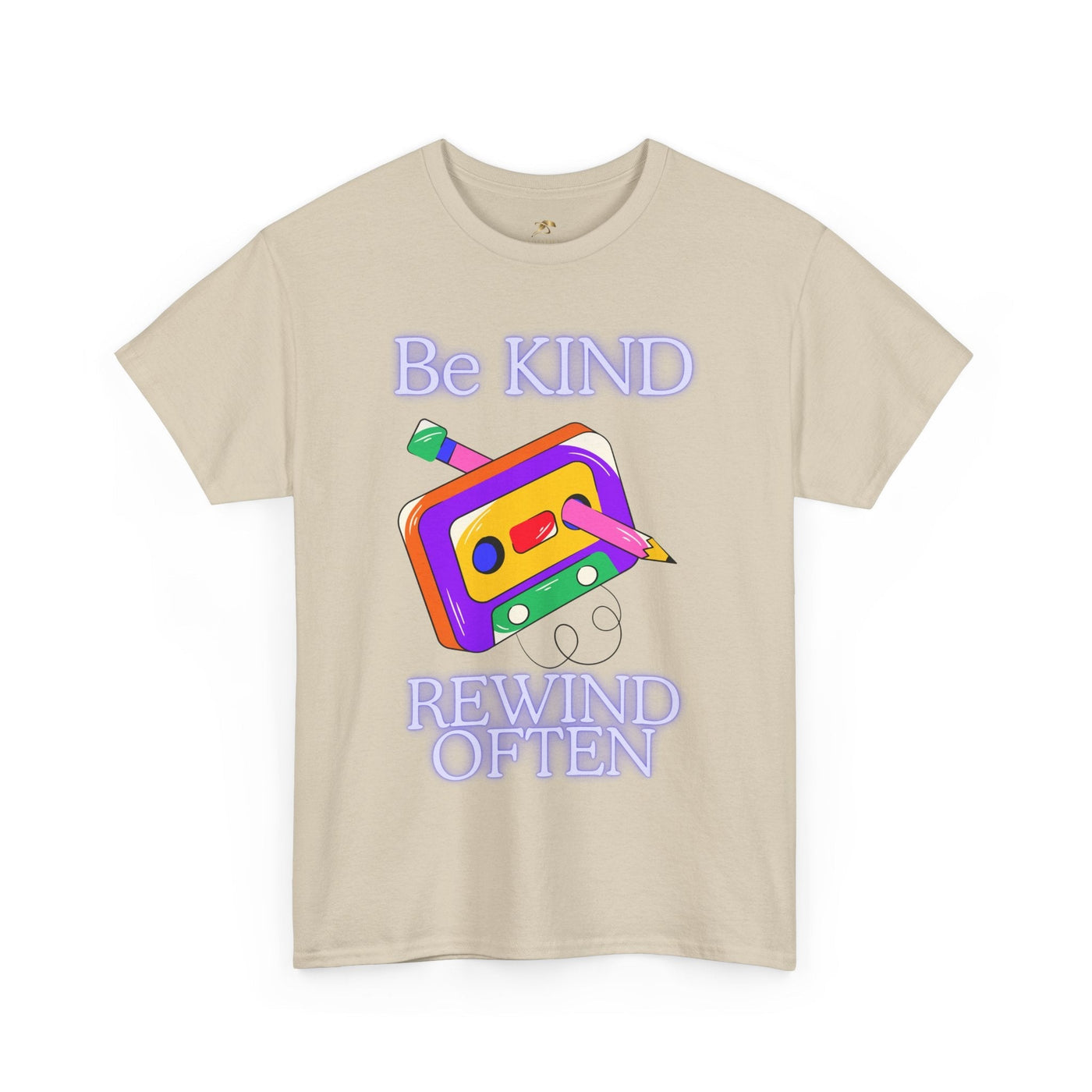 Unisex retro tee with "Be Kind, Rewind Often" design, cassette graphic, classic fit, 90s nostalgia.