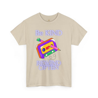 Unisex retro tee with "Be Kind, Rewind Often" design, cassette graphic, classic fit, 90s nostalgia.