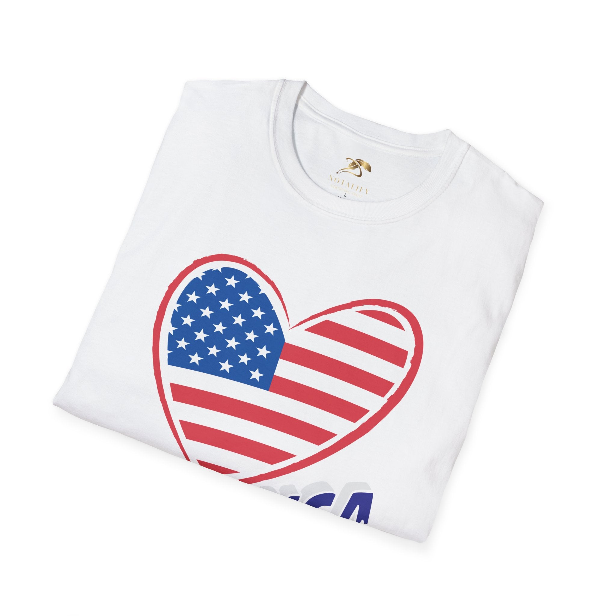 Unisex patriotic t-shirt featuring USA flag heart design for Independence Day celebrations.