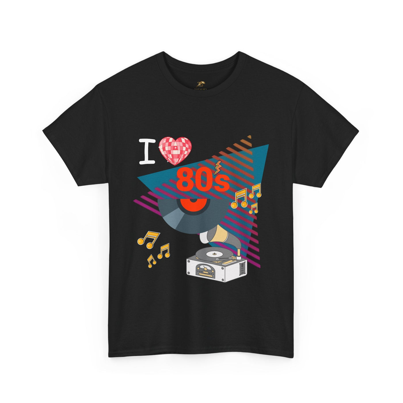Black 80's Music Lover T-Shirt with retro vinyl record and music notes graphic on front