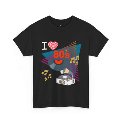 Black 80's Music Lover T-Shirt with retro vinyl record and music notes graphic on front